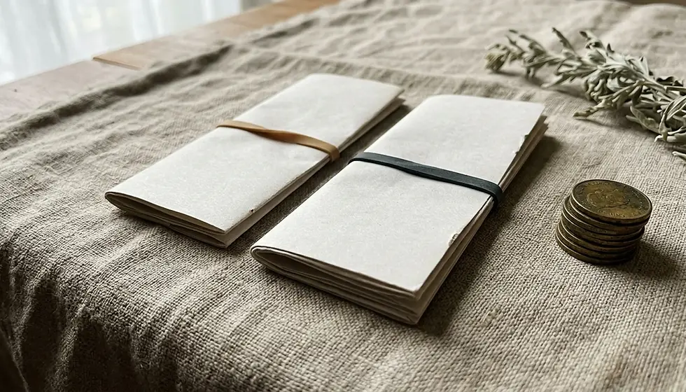 Two folded fee documents beside brass coins on linen surface — breaking down co-hosting fees versus owner management returns