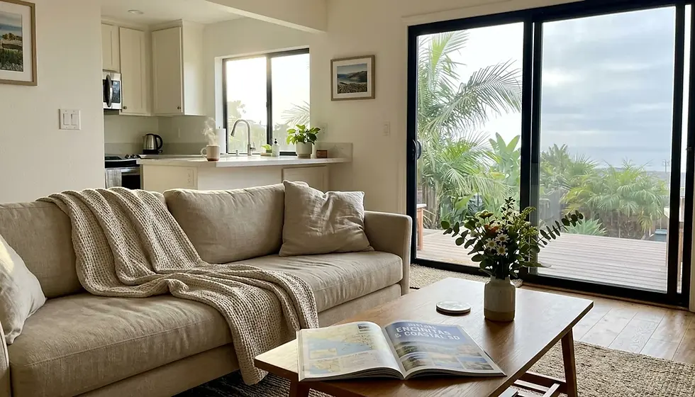 Guest-ready Encinitas vacation rental living room in morning light, priced using ai pricing comparison insights
