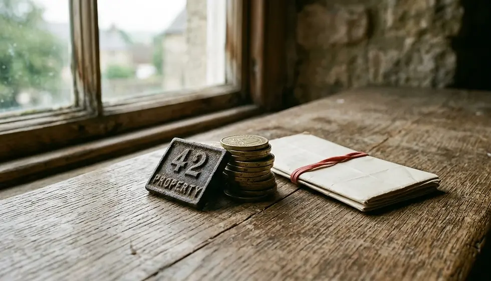 Brass coins and folded rental document beside a cast-iron house plaque — should I rent my home on Airbnb concept