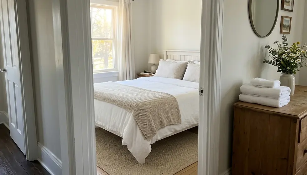 Made bed and fresh towels photographed through doorway during a vacation rental turnover checklist inspection