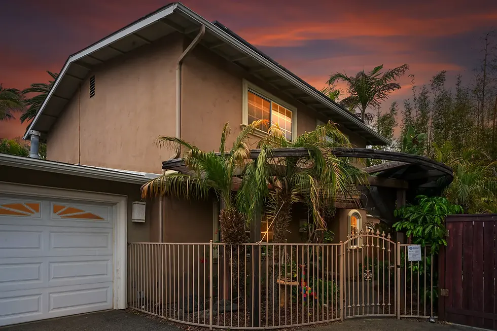 Modern San Diego residential property with contemporary architecture and tropical landscaping at sunset, representing