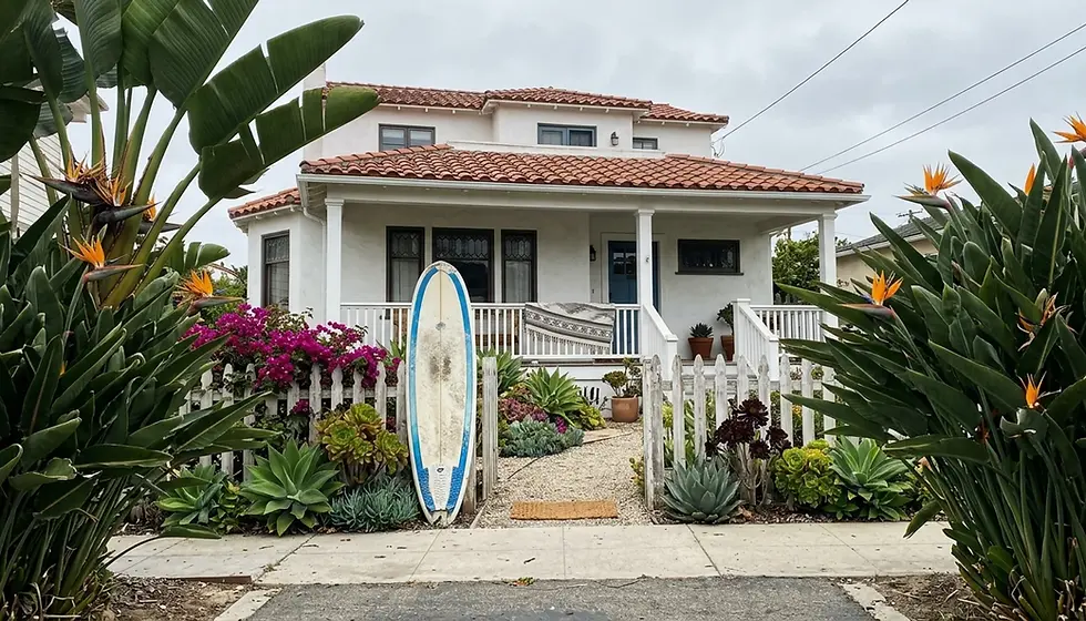 White stucco Encinitas vacation rental home with terracotta roof and surfboard by the fence, showing how much you can make on Airbnb
