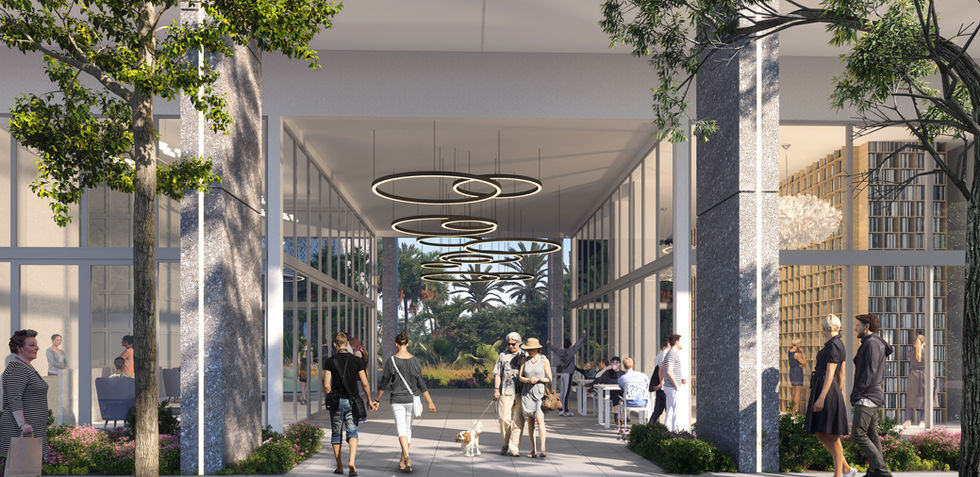 Landscaped breezeway leading to the Riverwalk at Sixth & Rio