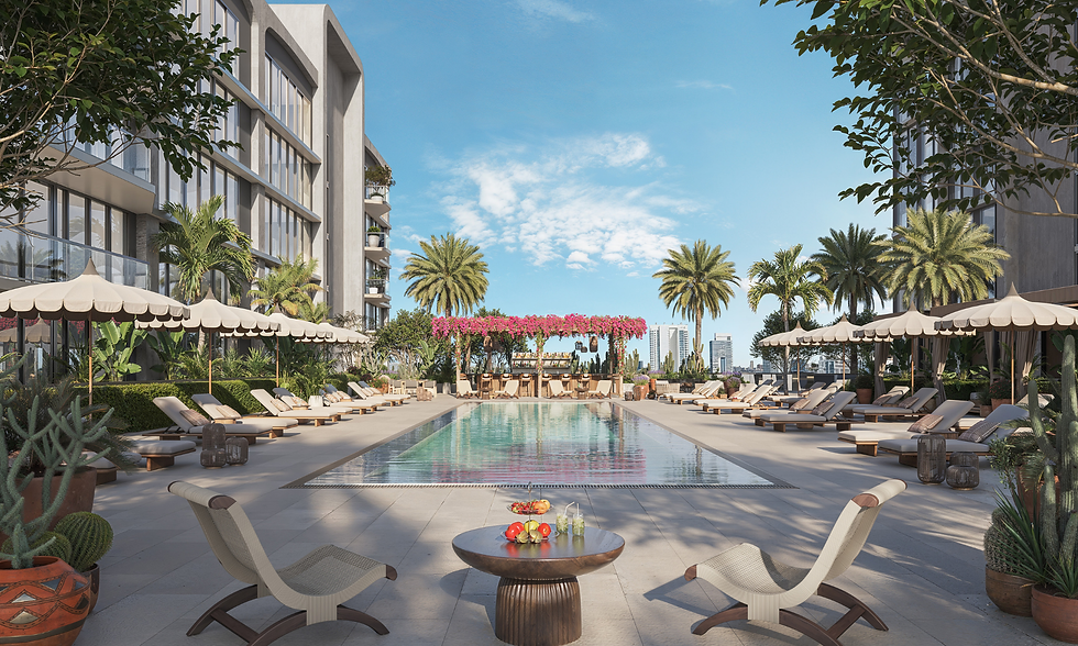 Frida Kahlo Wynwood Residences resort-style pool and courtyard in Miami’s Wynwood Arts District, featuring luxury condo amenities, wellness-focused design, and tropical outdoor living