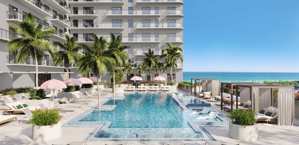 Resort-style pool with sun shelves, cabanas, and integrated spa at NoBe PARC Miami Beach Level 5 amenity deck