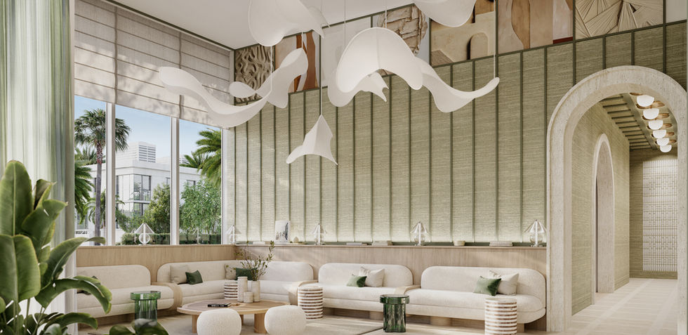 Elegant social lounge with sculptural decor and arched architectural details at Palma Miami Beach
