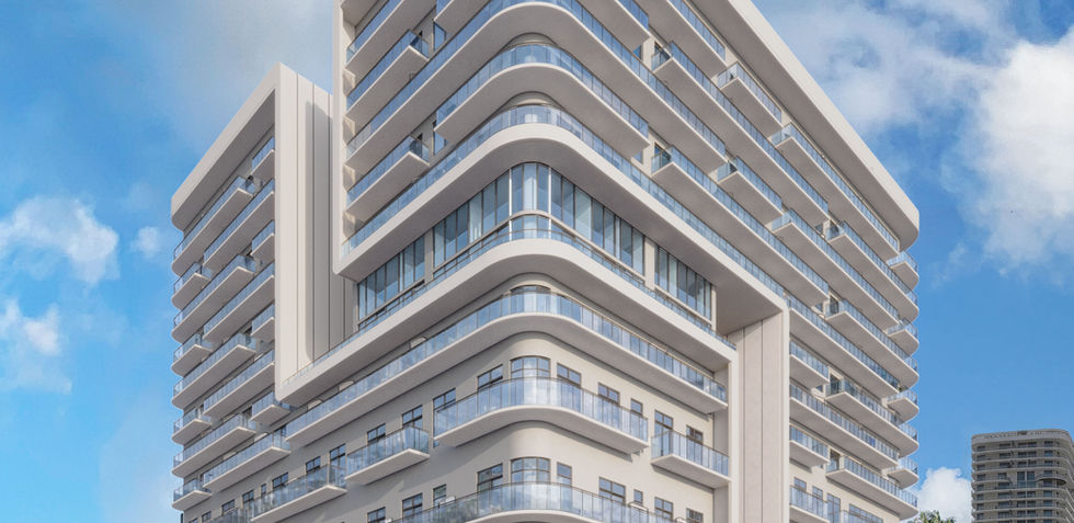 Exterior view of NoBe PARC Miami Beach showing curved balconies and modern architecture by Arquitectonica