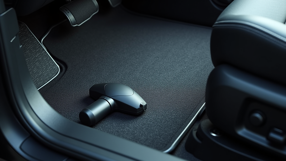 High angle view of clean car floor mats and vacuum cleaner