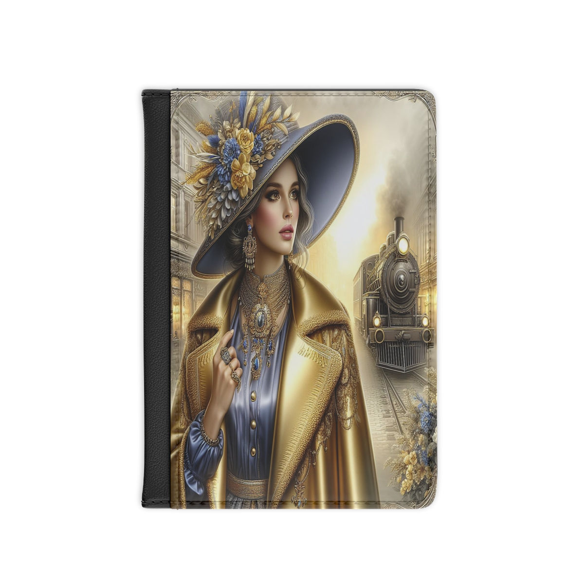 Blue and Gold Lady with Train Passport Cover