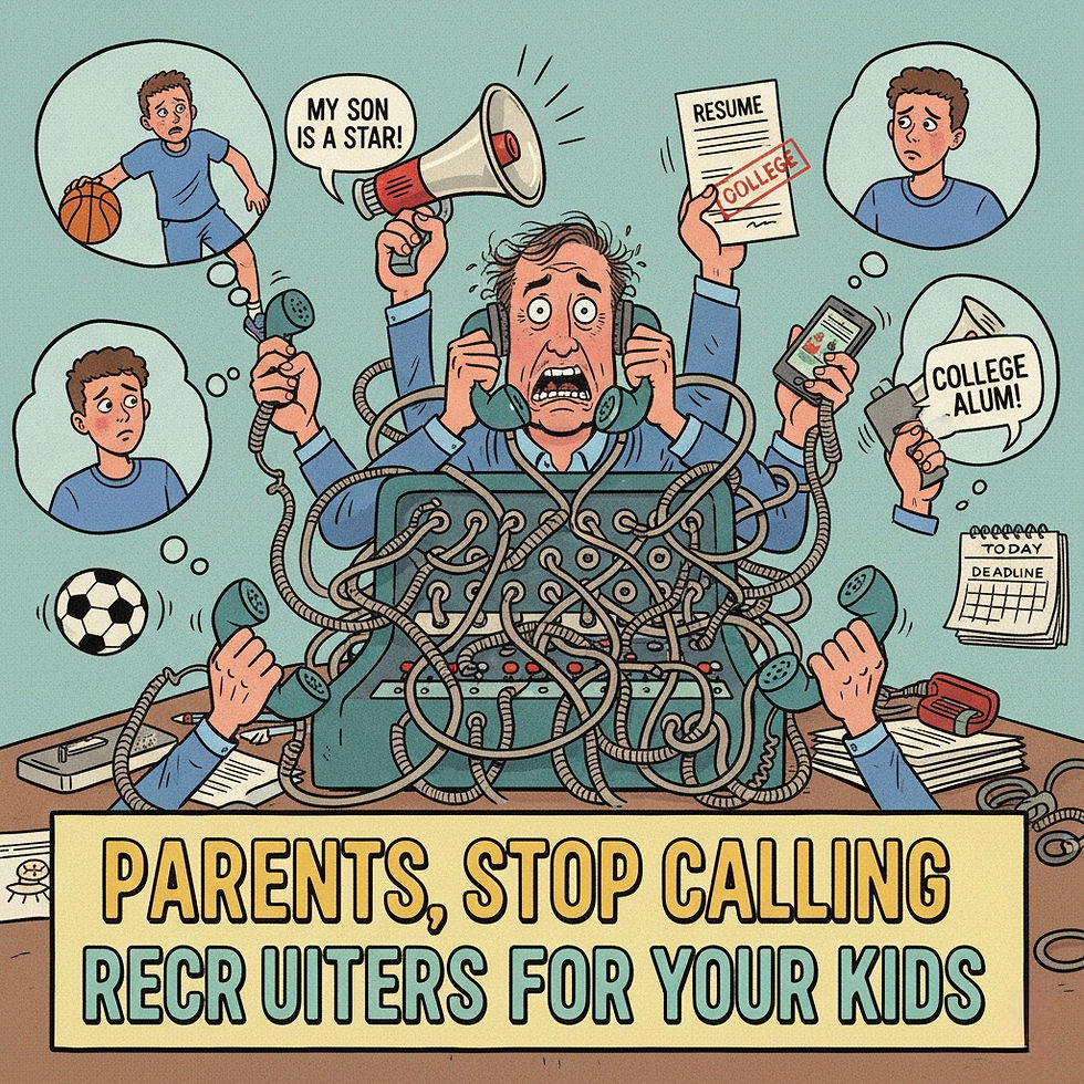 A frantic parent juggles multiple phones at an old call center, promoting their child's talents, while tangled in wires and beseeching recruiters, reflecting the pressure of securing a future in a competitive world.
