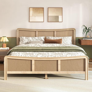 Brown boho queen bed with adjustable natural rattan headboard