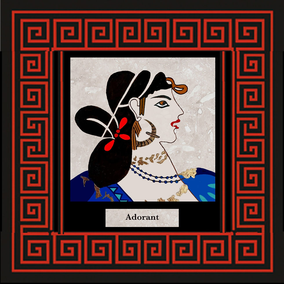 Adorant reimagined from Akrotiri fresco restoration from 3500 BC.
