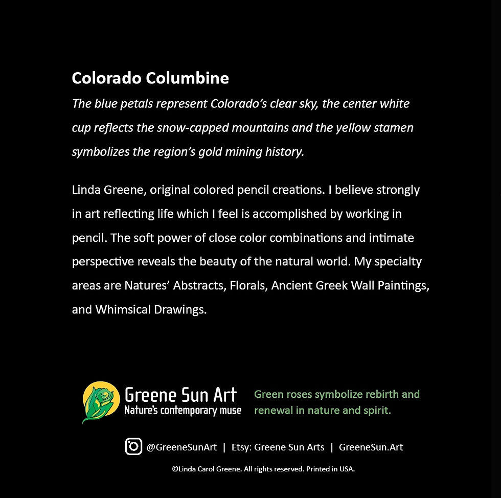 Back of Colorado Columbine Floral Greeting Card showing symbolism of columbines by Greene Sun Art