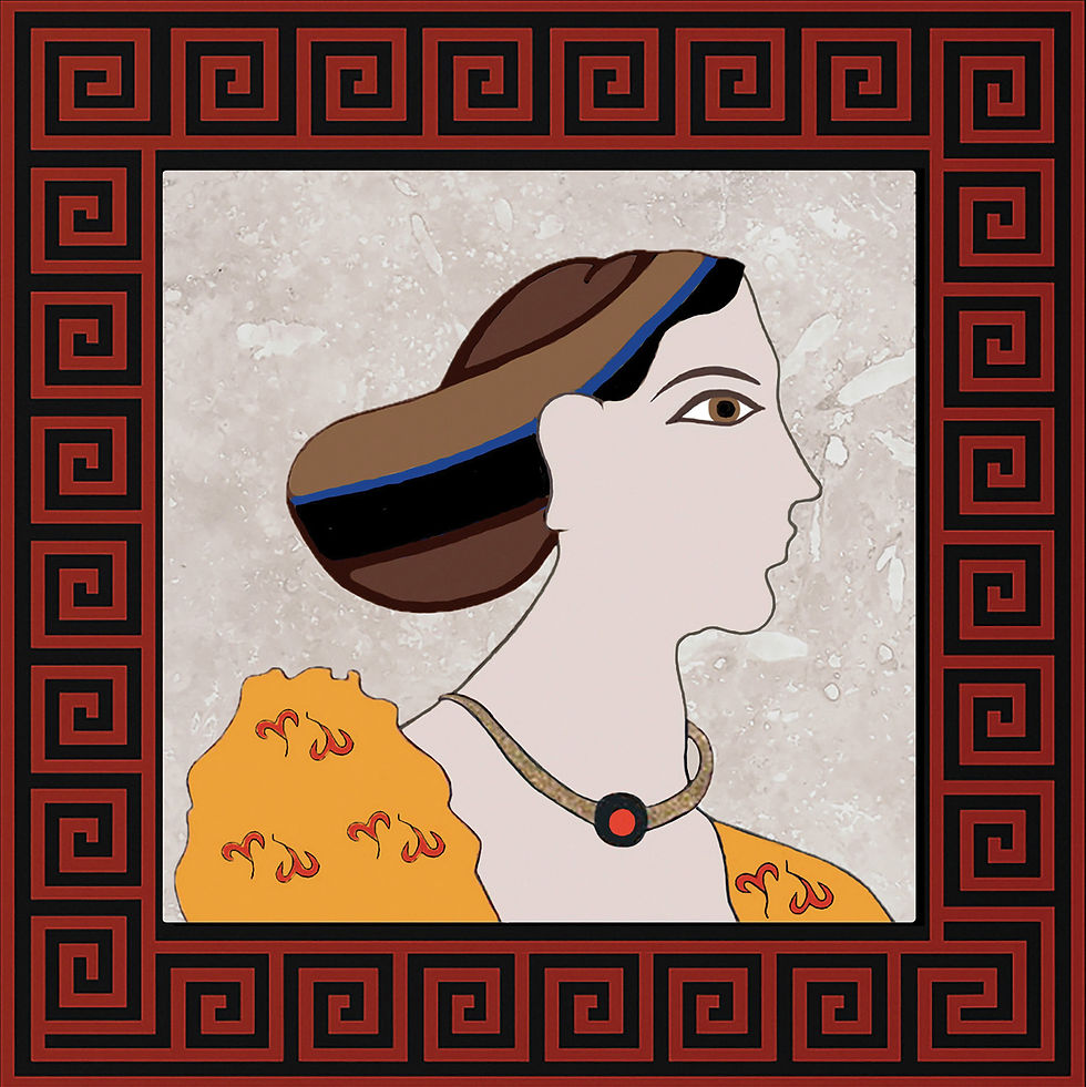 Akrotiri fresco matron profile with brown hair band, elaborate garments, lips uncolored; Greek key red border coaster.