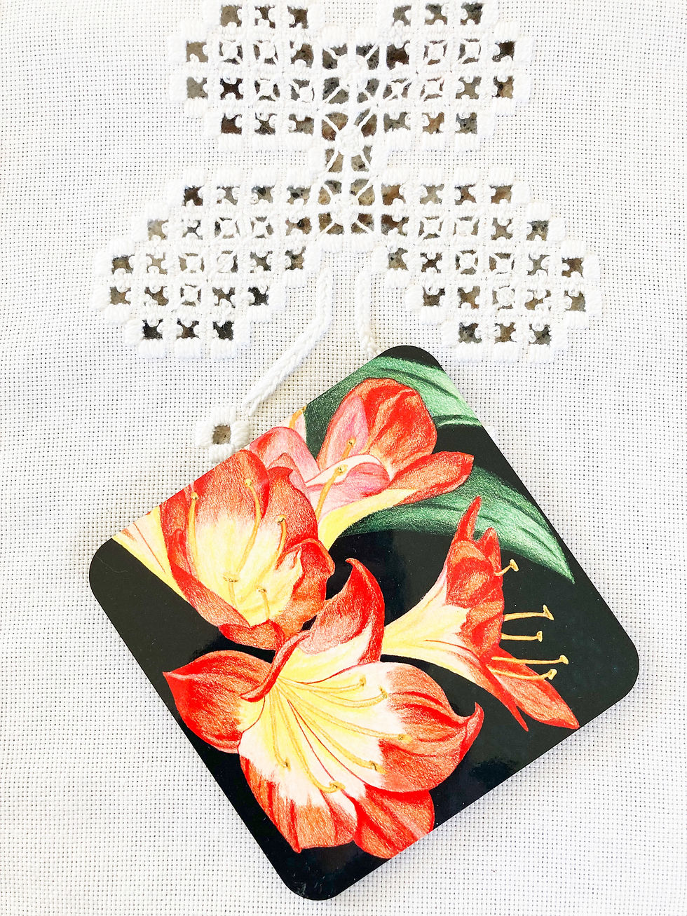 Clivia Bush Lily Floral Art Coaster used as a drink coaster, vibrant orange flower design printed on durable MDF