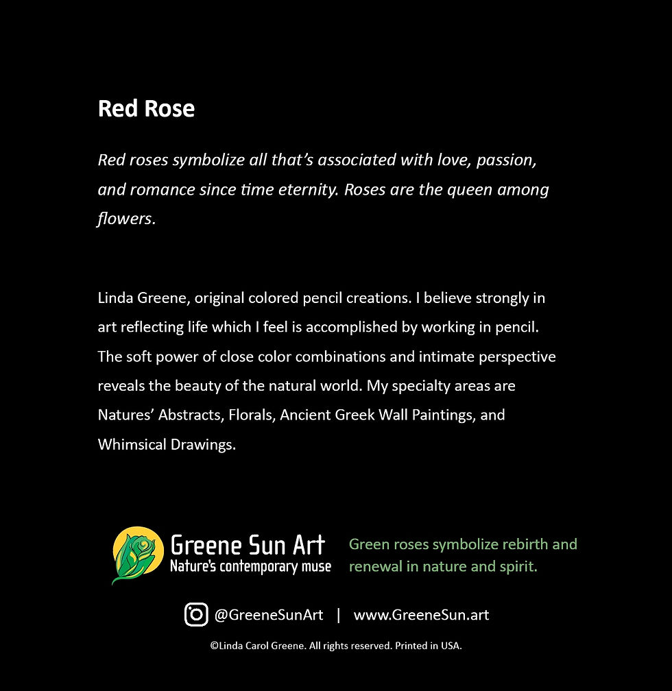 Back of Red Rose Floral Greeting Card showing symbolism of roses by Greene Sun Art