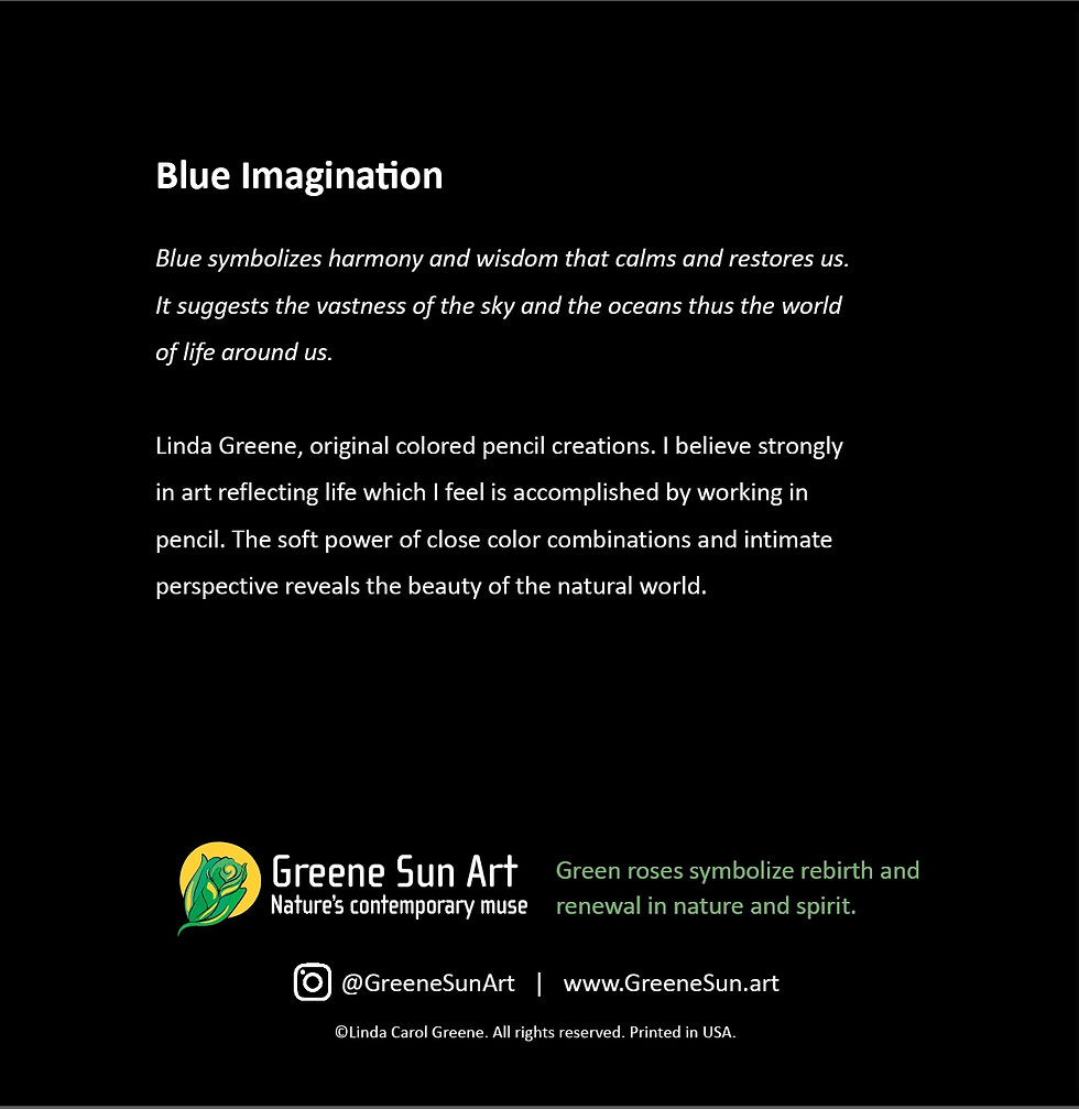 Back of Blue Imagination Floral Greeting Card showing symbolism of imaginative blue flowers by Greene Sun Art