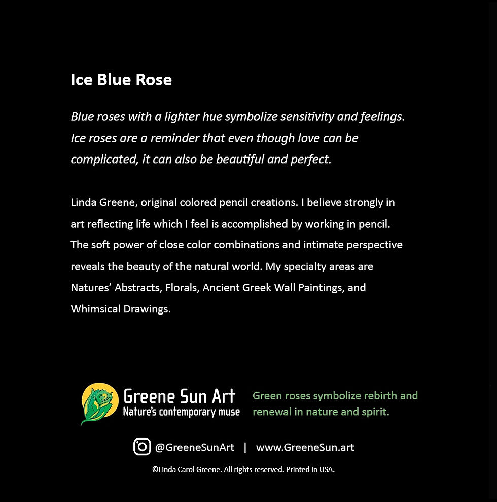 Back of Ice Blue Rose Floral Greeting Card showing symbolism of blue roses by Greene Sun Art