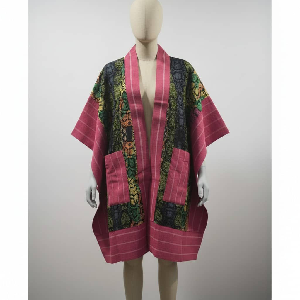 TDV Kimono - Pattern Print Pink Aso-Oke