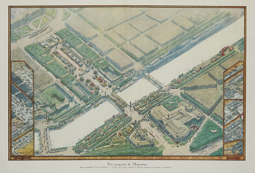A layout/general plan of the exposition site created by Charles Plumet. Shows spatial arrangement, major axes (from Place de la Concorde to Pont de l’Alma; Rond‑point des Champs‑Élysées to the Invalides via Pont Alexandre III)