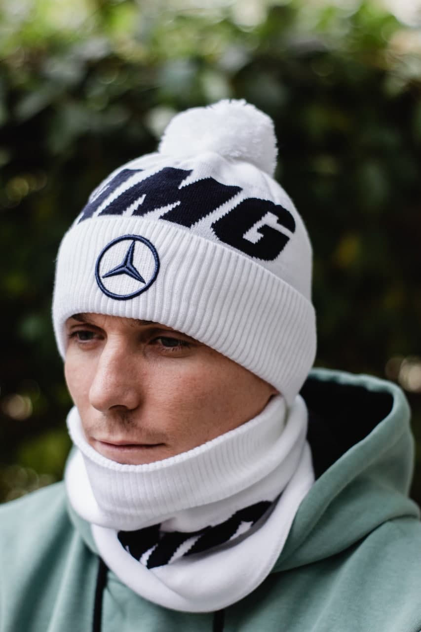Миниатюра: Шапка + Баф (горловик) MERCEDEC белые / шапка мужская / шапка женская / шапка унисекс / шапка и бафф / шапка и шарф
