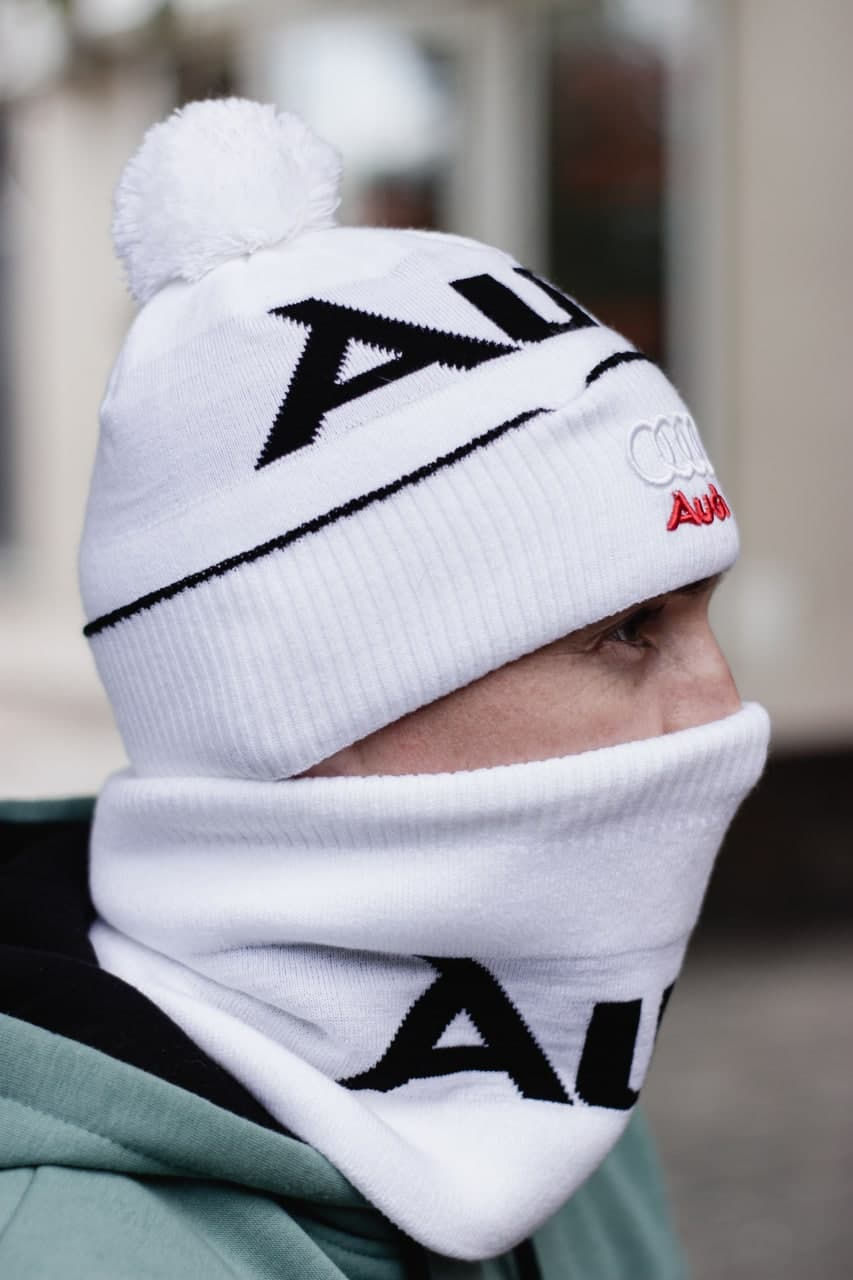 Прев'ю: Шапка + Баф (горловик) AUDI SPORT белые / шапка мужская / шапка женская / шапка унисекс / шапка и бафф / шапка и шарф
