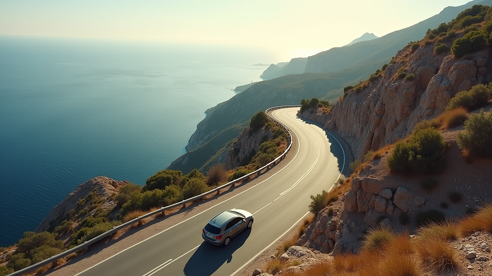 High angle view of a winding mountain road in Crete with a rental car driving