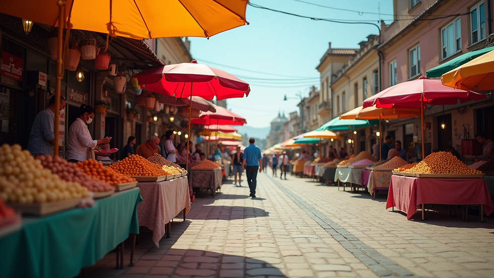 Eye-level view of a vibrant outdoor market with various colorful stalls