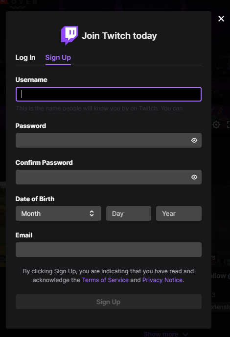 Twitch sign up form