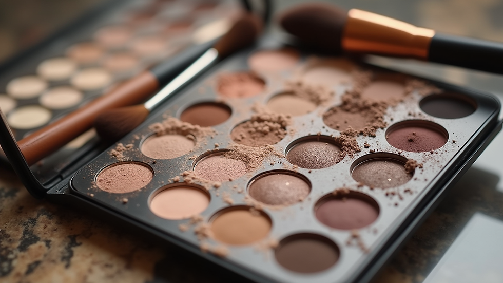 Eye-level view of a makeup palette with neutral eyeshadows and brushes