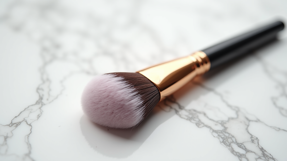 Close-up view of a makeup brush set on a white marble surface