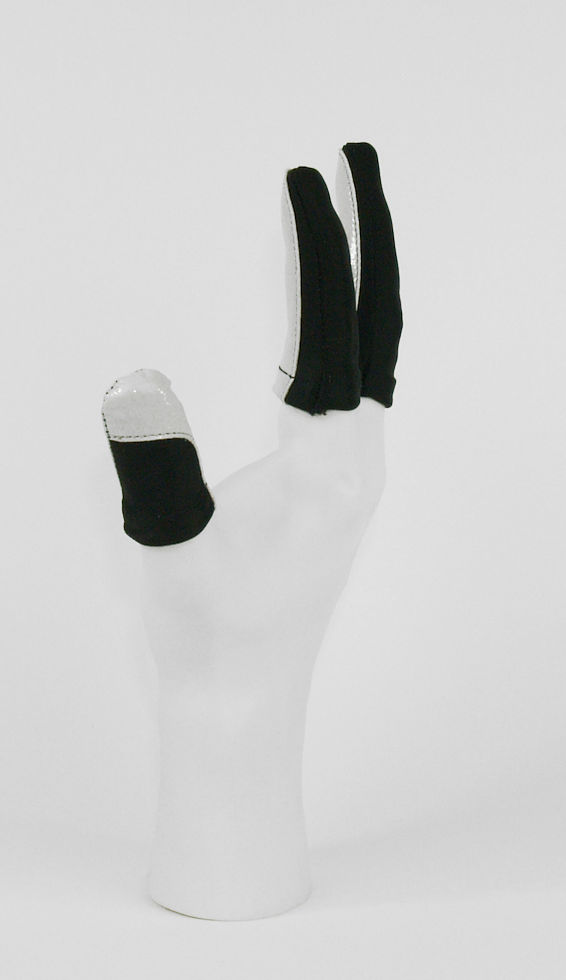 Side pic of hand wearing Finger Jackets. Thumb shown with grey and black material.