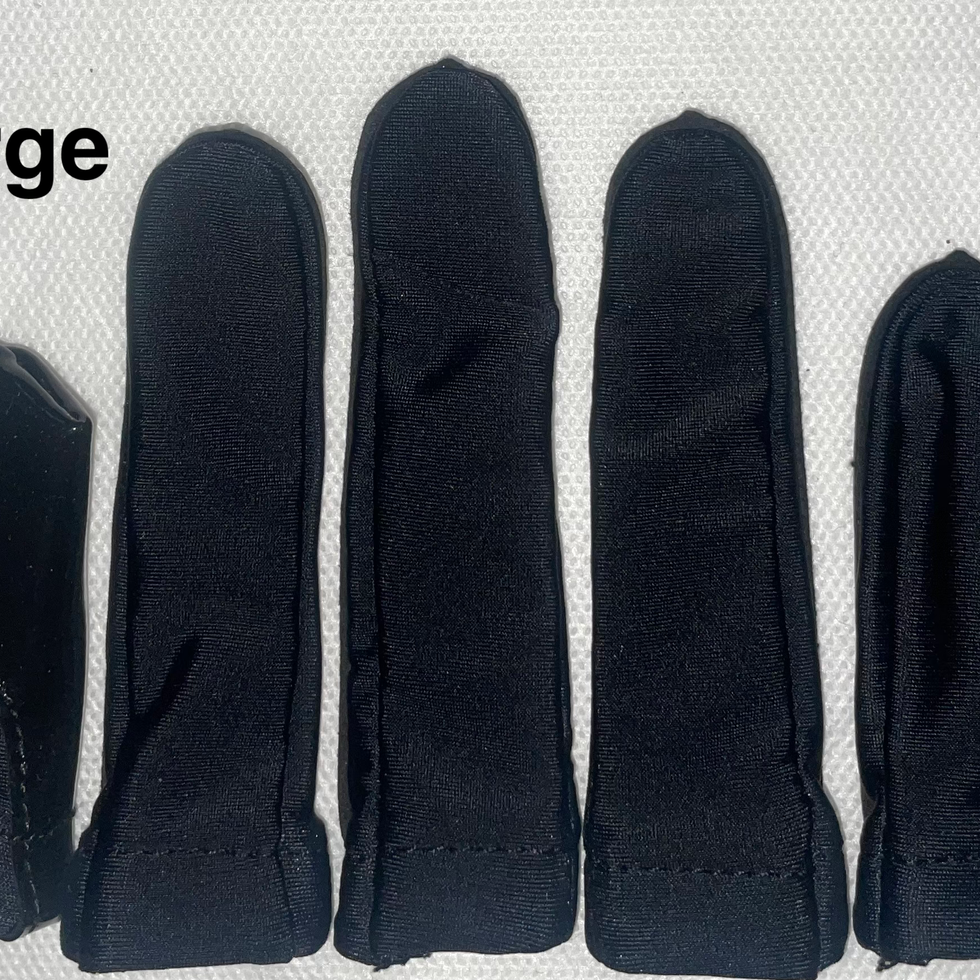 XL black Finger Jackets lined up. Thumb on the left, pinky on the right. A silver ruler showing size in inches on the side