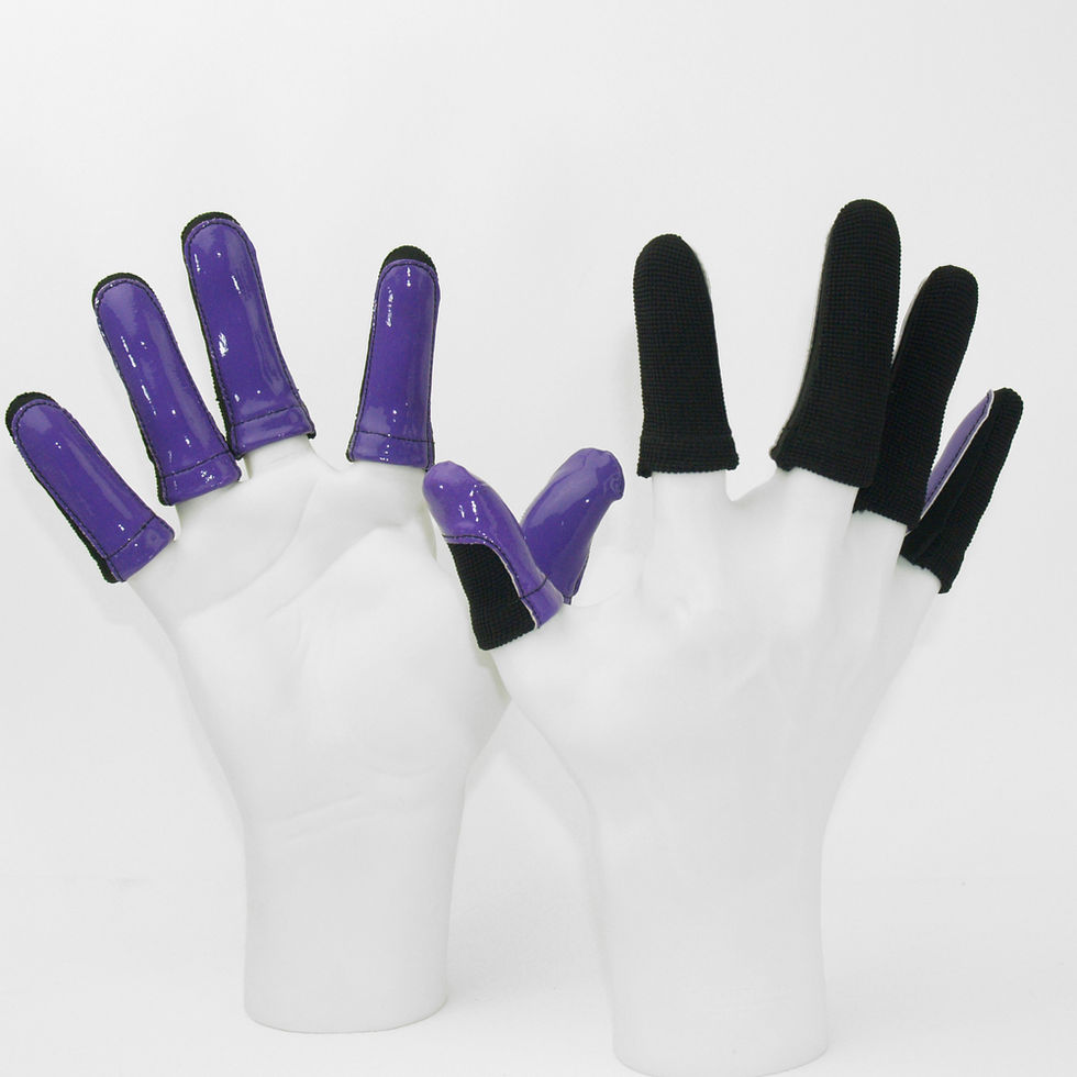 Two hands wearing purple and black Finger Jackets.