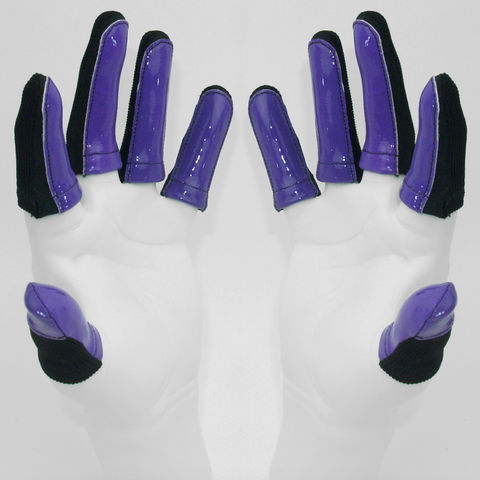 Two up close mannequin hands wearing black and purple Finger Jackets.