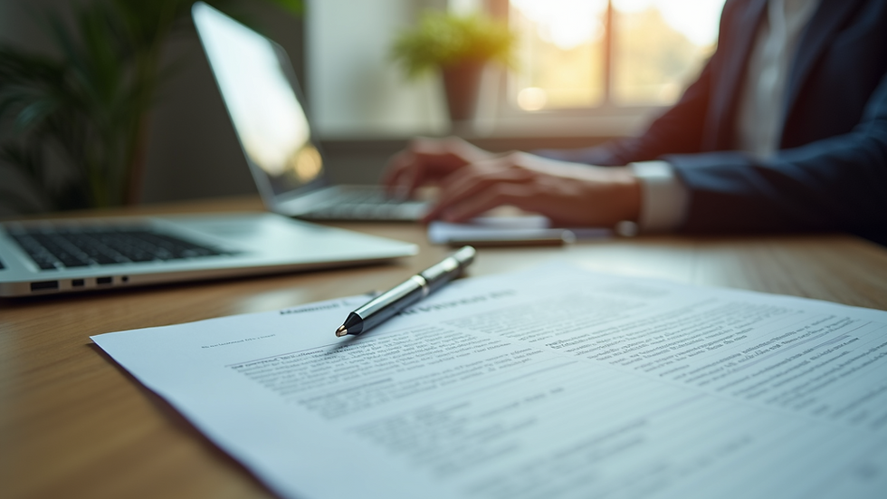 Eye-level view of a desk with immigration documents and a laptop