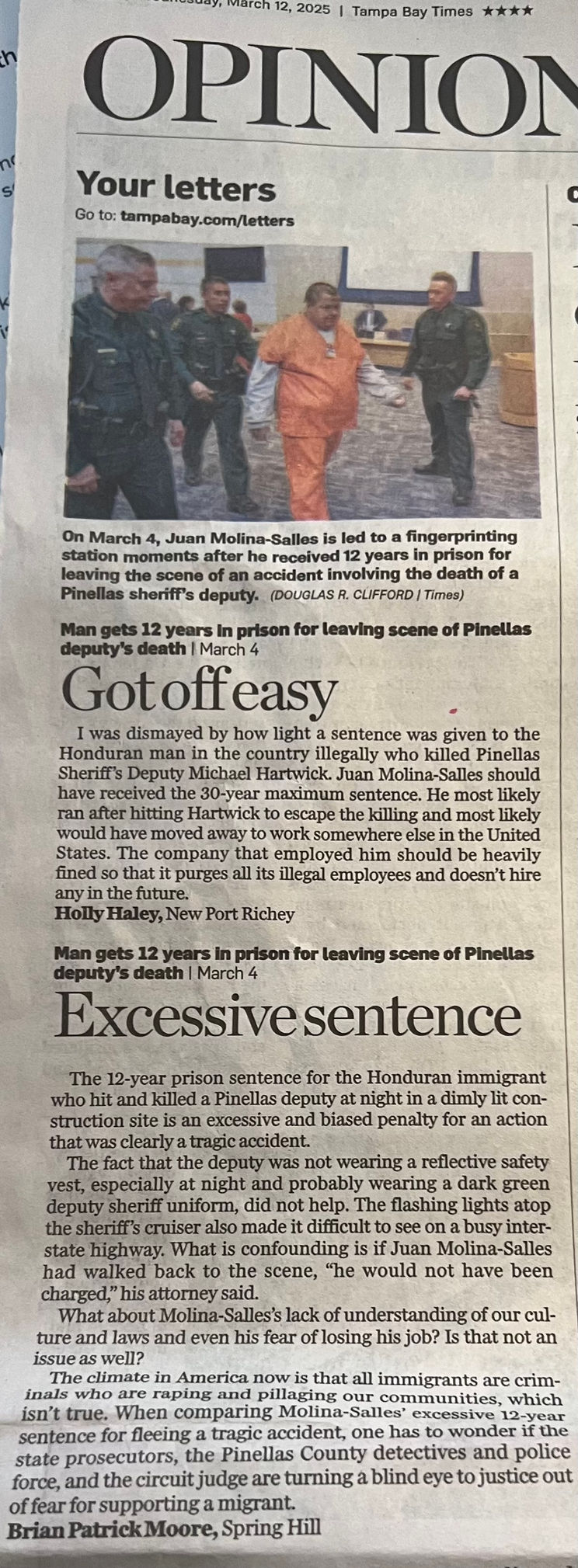 Letter on "Excessive sentence" of Immigrant for fleeing night construction site, when told his tractor hit deputy!