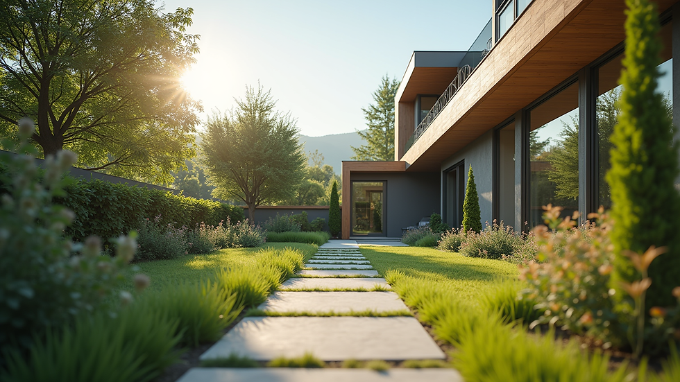Eye-level view of a modern residential property with a well-maintained garden