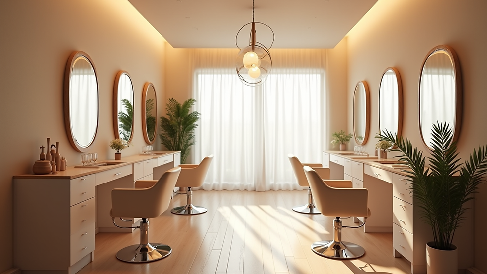 Eye-level view of a serene beauty salon interior with soft lighting