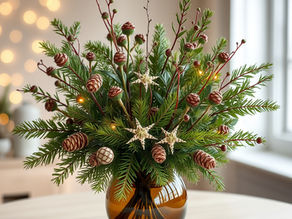 Ein mit Tannenzapfen geschmückter Strauß aus Tannenzweigen für Weihnachten.