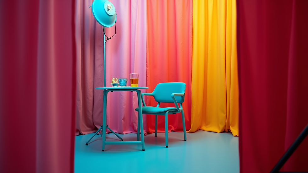 Eye-level view of a colorful photobooth setup with props