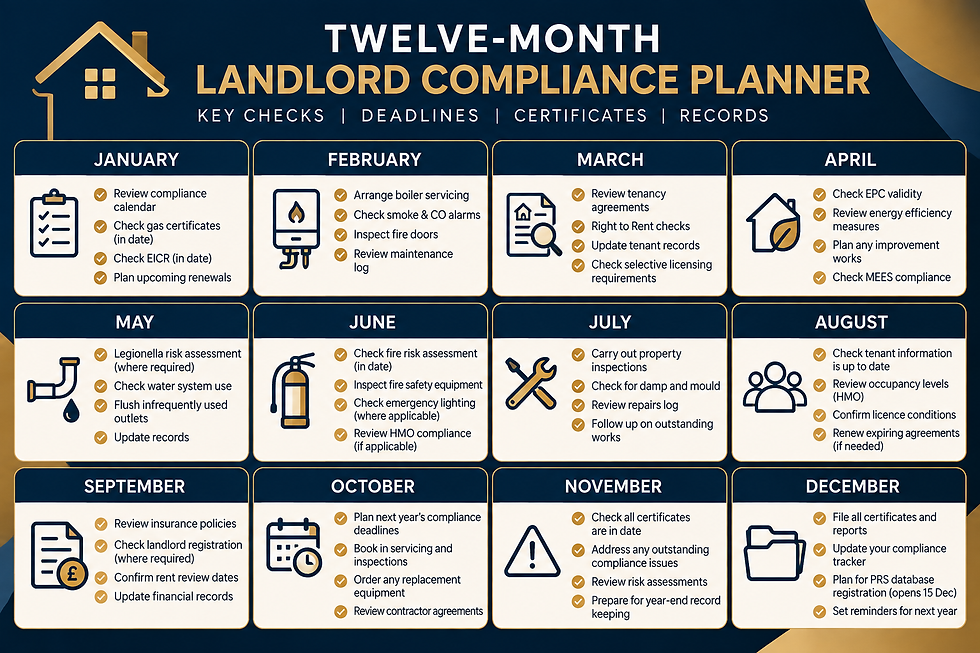 Twelve-month landlord compliance planner from January to December