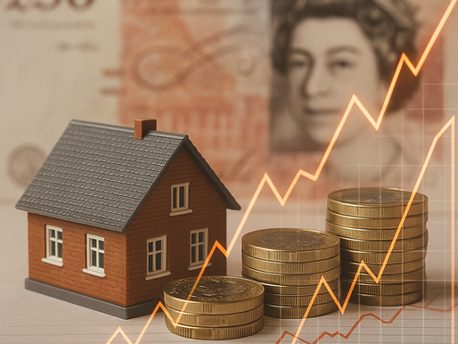 A red-brick UK house surrounded by pound coins and banknotes with an upward financial graph overlay, symbolising rising housing costs.