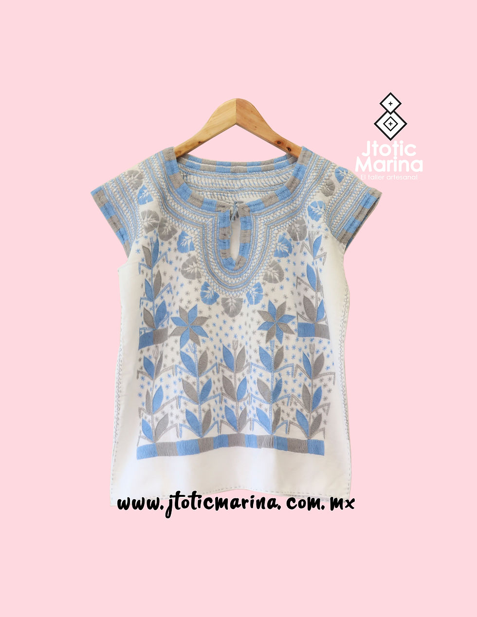 Miniatura: Blusa Milpa -Talla Ch - Mide 51x60cm - Manta blanco con bordado celeste y gris