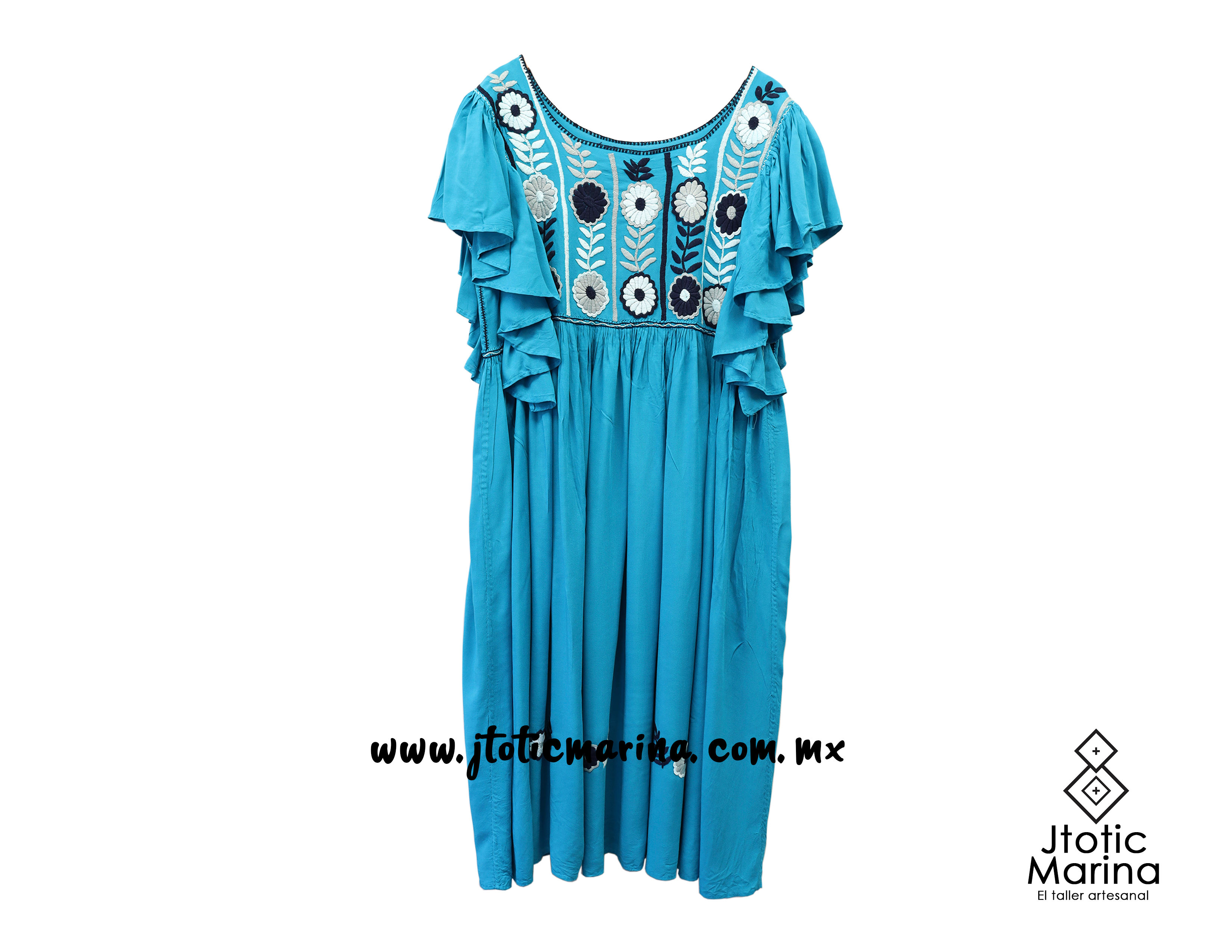 Vestido Aguacatenango Olan-Talla:M a G - Rayon Azul Bordado a mano.