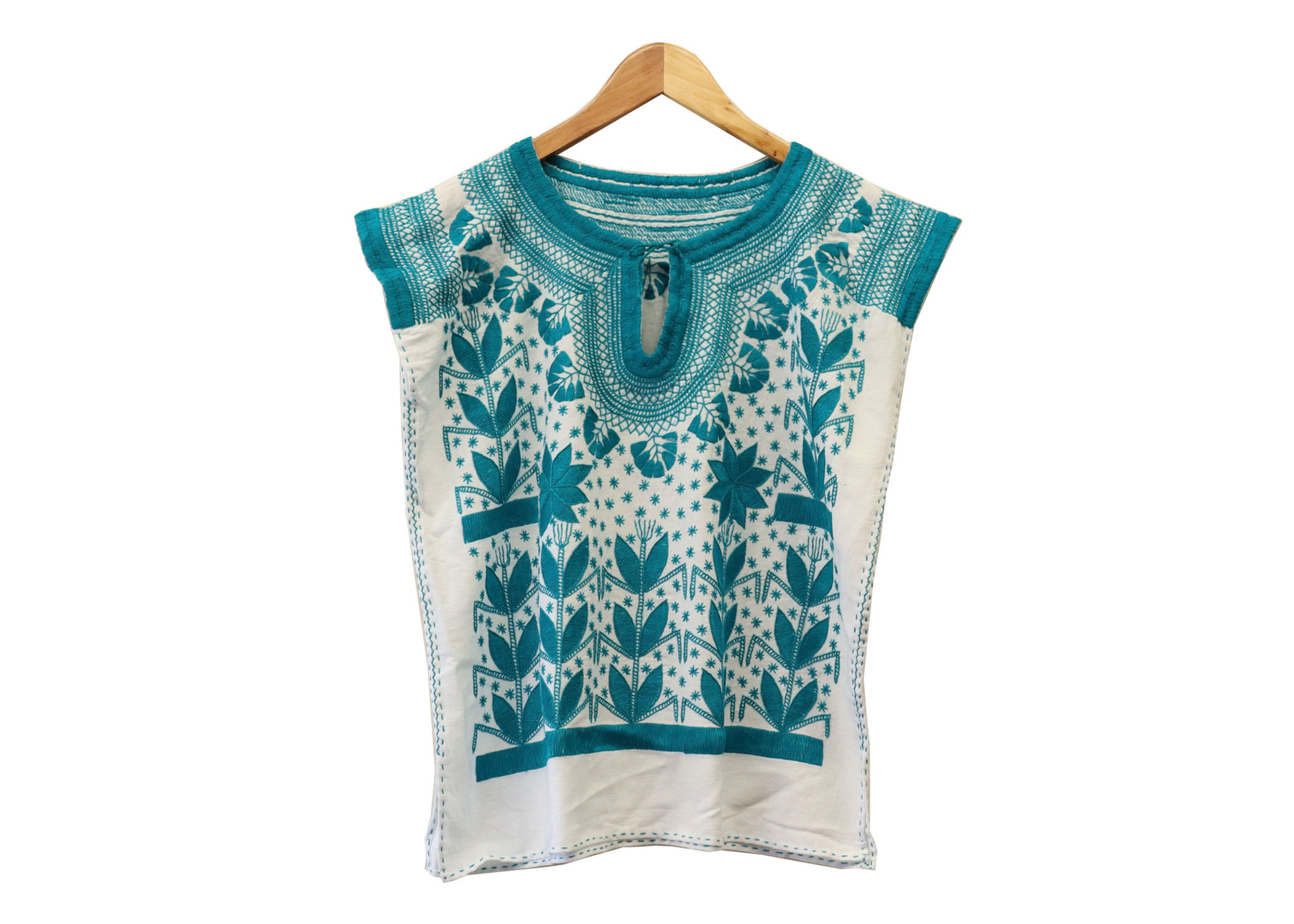 Blusa Huipil Milpa -Talla -Mide:cm -Manta Blanco y Bordado Turquesa