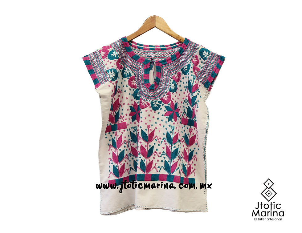 Blusa Milpa -Talla CH a M- Mide 56x60cm - Manta Blanco - Tonos Turquesa & Lila