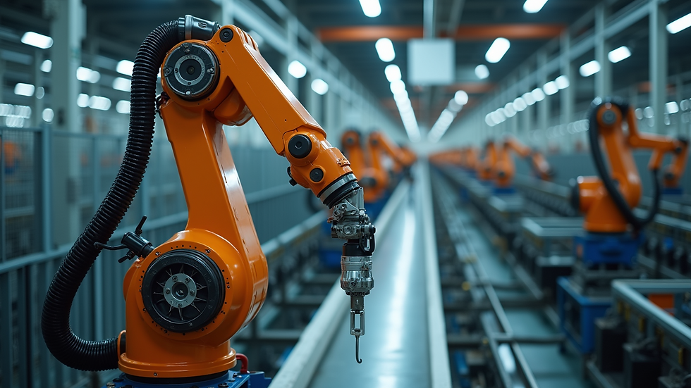 High angle view of a manufacturing assembly line with robotic arms