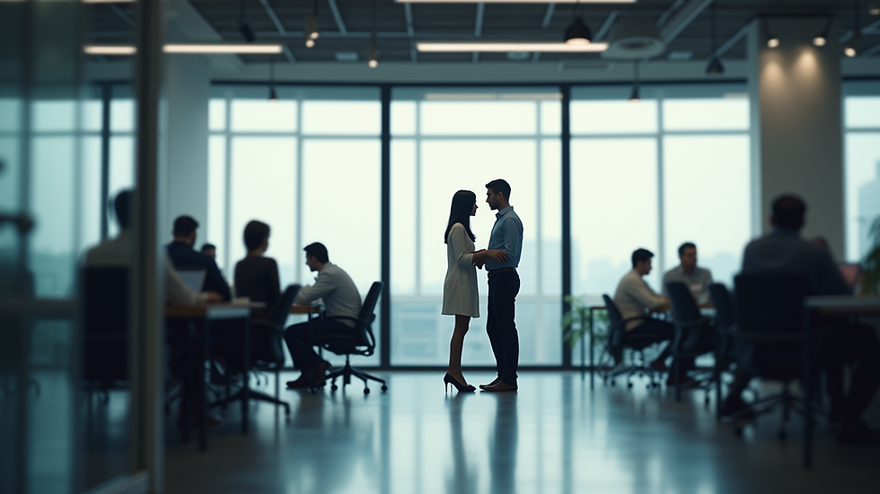 Eye-level view of a modern office space with employees brainstorming ideas