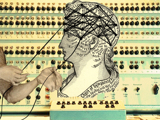 A collage featuring a vintage illustration of a woman’s head mapped with labeled sections resembling a phrenology chart. The mapped sections are overlaid by a neutral network diagram– depicting crisscrossing black lines. Two anonymous hands extend from the left side, pulling on two wires from the diagram. In the background is a panel of the Turing Machine with numerous knobs and switches, highlighting a connection between the history of computing, psychology, biology, and artificial intelligence.